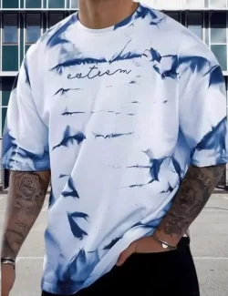 Oversized Men Tie & Dye Round Neck Cotton Blend Blue, White T-Shirt
